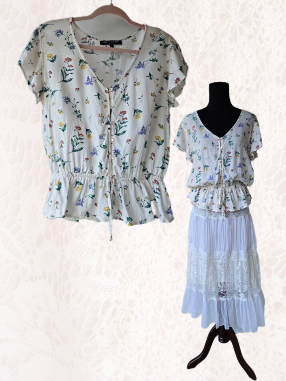 Cream Peplum Ruffle Blouse Flutter Sleeves Floral Print Cottage Romantic  Top